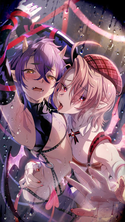 2_horns alternative_fashion beret bodily_fluids canon_couple clothed clothing duo fangs glistening_armpit hat headgear headwear horn hug humanoid_pointy_ears j-fashion looking_at_viewer male male/male not_furry ouji_(fashion) pointy_ears saliva saliva_on_tongue saliva_string spade_tail sweat tail teeth tongue tongue_out wrinkled_armpit ikezakimisa nu:_carnival aster_(nu:_carnival) morvay_(nu:_carnival) demon demon_humanoid humanoid vampire 9:16 hi_res
