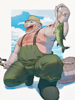 anthro arm_scar arm_tattoo beard belly biceps big_belly body_hair boots bucket_hat bulge chest_hair chest_scar clothing facial_hair facial_piercing facial_scar fish_hook fisherman fishing fishing_rod footwear hair hat headgear headwear hook kneeling looking_at_viewer low-angle_view male manly mature_male musclegut muscular nipple_piercing nipples nose_piercing nose_ring on_one_knee overalls overalls_only pecs piercing ring_piercing scar shoes slightly_chubby smile smiling_at_viewer solo suspenders tattoo white_hair chonkyjohn don_dontae_(ffizzy) alligator alligatorid aquatic crocodilian fish reptile scalie 2024 3:4 hi_res
