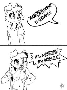 2_panel_comic anthro areola arm_markings breasts casual_exposure cheek_tuft clothed clothing collared_shirt dress_shirt eyebrows facial_tuft female floppy_ears folded_ears head_tuft markings navel nipples no_bra offscreen_character open_clothing open_mouth open_shirt open_topwear shirt shoulder_markings simple_background small_breasts solo teeth tongue topwear tuft white_background yelling ajin bra_strap_showing_(meme) canid canine canis domestic_dog mammal 2026 hi_res meme monochrome