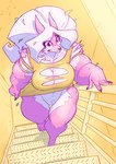 2024 anthro barefoot breasts canid canine canis cleavage clothed clothing conditional_dnp dress feet female fur genitals jollyjack leaf mammal muscular muscular_female mythological_canine mythological_creature mythology no_underwear purple_body purple_fur pussy solo stairs stairway thick_thighs torn_clothing torn_dress were werecanid werecanine werewolf wolf