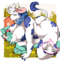 anthro anthro_on_anthro barn big_breasts blue_body blue_eyes blue_fur blush bodily_fluids breast_play breast_suck breastfeeding breastfeeding_during_sex breasts close-up cum cum_in_vagina cum_inside duo eyes_closed female female_on_top fur fur_markings genital_fluids genitals grass hair horn huge_breasts kerchief kerchief_only larger_female lying male male/female male_on_bottom markings mascot milk mostly_nude neckerchief neckerchief_only neckwear nude on_back on_bottom on_top open_mouth outside penis plant size_difference smaller_male sucking vaginal vulva white_body white_fur white_hair mellonsoda lactaid lactaid_cow roflfox bovid bovine canid canine cattle fox holstein_friesian_cattle mammal 2025 absurd_res digital_media_(artwork) hi_res