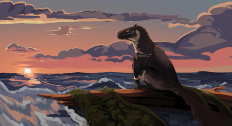 ambiguous_gender black_body black_feathers cloud detailed_background driftwood feathers feral multicolored_body nature sea sitting sky solo sunset tail two_tone_body water wave white_body white_feathers wings yellow_sclera yurixtinction dinosaur dromaeosaurid feathered_dinosaur feathered_scalie prehistoric_species reptile scalie theropod utahraptor 2025 absurd_res hi_res