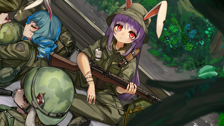 armor assault_rifle bandage bandaged_arm battle_rifle blonde_hair blood blood_stain blue_hair bodily_fluids boots bottomwear bruised camo camo_clothing camo_hat camo_headgear camo_headwear camo_print canteen cigarette cigarette_box clothed clothed_female clothed_humanoid clothing combat_boots combat_helmet combat_knife crossed_legs dutch_angle eyebrow_through_hair eyebrows eyes_closed female fern flask floppy_ears footwear furgonomic_hat furgonomic_headwear furgonomics green_bottomwear green_clothing green_helmet green_pants green_shirt green_topwear group gun hair hat headgear headwear helmet holding_gun holding_object holding_ranged_weapon holding_rifle holding_weapon load_bearing_equipment looking_at_viewer m14 m16 m1_helmet military military_uniform pants pattern_clothing pattern_hat pattern_headgear pattern_headwear purple_hair ranged_weapon red_eyes rifle rolled_up_sleeves shirt shoes sitting sleeping sweat sweatdrop topwear translucent translucent_hair trio uniform vietnam_war weapon kouroukun touhou reisen_udongein_inaba ringo_(touhou) seiran animal_humanoid humanoid lagomorph lagomorph_humanoid leporid_humanoid mammal mammal_humanoid rabbit_humanoid 16:9 2024 4k absurd_res hi_res widescreen