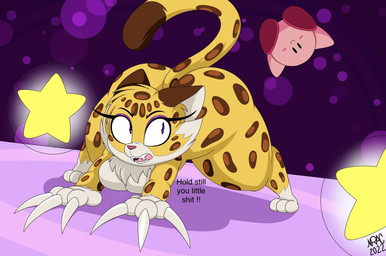 all_fours ambiguous_gender anthro ass_up big_butt breasts butt chest_tuft claws countershading dialogue duo eyelashes fangs female fur jumping long_claws looking_back nude open_mouth paws profanity raised_tail smile star tail teeth text thick_thighs tongue tuft upside_down wide_hips nr_ac kirby_(series) kirby_and_the_forgotten_land nintendo clawroline kirby felid leopard mammal pantherine 2022 english_text hi_res