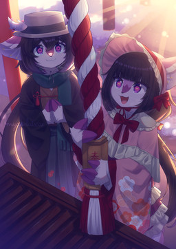 2_horns anthro asian_clothing biped black_clothing black_hair black_nose closed_smile clothed clothing cloven_hooves day duo east_asian_clothing female fur furgonomic_headwear furgonomics hair hat headgear headwear hoof_hands hooves horizontal_pupils horn japanese japanese_clothing male mouth_closed open_mouth open_smile outside pupils short_hair shrine smile tan_body tan_fur tongue unusual_pupils sunnynoga yuuka_(myaoduixa) cervine deer mammal sika_deer 2026 hi_res brother_(lore) brother_and_sister_(lore) sibling_(lore) sister_(lore) twins_(lore)
