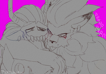 2_horns anthro duo ear_piercing hair horn male mane open_mouth piercing pointy_ears sharp_teeth teeth tongue tongue_out pirruwan bandai_namco digimon digimon_(species) humanoid leomon ogremon hi_res