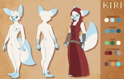 anthro big_tail blue_body blue_fur breasts butt clothed clothing color_swatch dagger female fingerless_gloves fluffy fluffy_tail fur genitals gloves green_eyes handwear knife melee_weapon multicolored_body multicolored_fur multiple_angles multiple_poses nipples nude off/on pose small_breasts solo tail text two_tone_body two_tone_fur vulva weapon white_body white_fur casparr kiri_miko canid canine fox mammal 2015 character_name english_text model_sheet