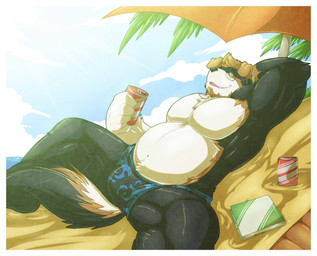 anthro beach beard biceps big_muscles biped black_nose brown_hair bulge clothed clothing cloud eyewear facial_hair fur glasses hair lying male muscular muscular_anthro muscular_male on_back outside palm_tree plant sand seaside sky slightly_chubby solo sun topless tree rikitsu koge_(kogenta_blackfang) bear canid canine canis domestic_dog husky hybrid mammal nordic_sled_dog spitz wolf 2013