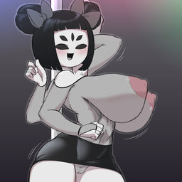 4_arms 5_eyes accessory anthro areola big_areola big_breasts big_nipples black_hair blush bottomwear breasts clothing female fishnet_clothing fishnet_topwear fishnet_underwear genitals hair hair_accessory hair_ribbon huge_breasts looking_at_viewer multi_arm multi_eye multi_limb nipples non-mammal_breasts non-mammal_nipples open_mouth pole puffy_areola puffy_nipples ribbons skirt solo stripper_pole thick_thighs topwear underwear vulva wide_hips kaxiota undertale undertale_(series) muffet arachnid arthropod spider 1:1 2021 hi_res