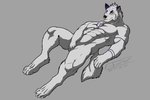 anthro fur lying male muscular muscular_anthro muscular_male pecs purple_ears relaxing solo stripes white_body white_fur fullbodywolf mar canid canine canis mammal wolf absurd_res hi_res