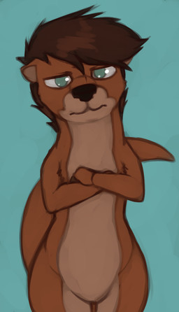 black_nose blue_background blue_eyes brown_body brown_hair crossed_arms featureless_crotch front_view hair looking_at_viewer male nude simple_background solo unimpressed marsminer keith_(marsminer) mammal mustelid otter source_request
