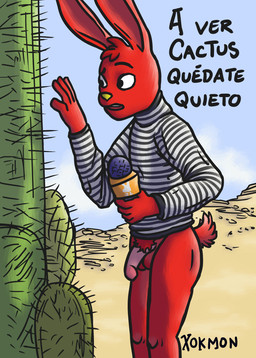 anthro balls bottomless bottomless_anthro bottomless_male cactus chile clothed clothing desert electronics fur genitals interview male microphone penis plant red_body red_fur short_tail solo speech_bubble tail text xokmon 31_minutos juan_carlos_bodoque lagomorph leporid mammal rabbit hi_res spanish_text translation_request