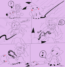 absorption_vore ambiguous_gender anthro big_eyes big_head dazed digitigrade duo feral front_view fusion merging motion_lines musical_note musical_symbol onomatopoeia pink_background possession question_mark simple_background sound_effects spiral spiral_eyes symbol tentacles text transformation vore kaittycat nintendo pokemon generation_4_pokemon generation_7_pokemon mimikyu pokemon_(species) riolu comic english_text hi_res monochrome pictographics sequence traditional_media_(artwork)