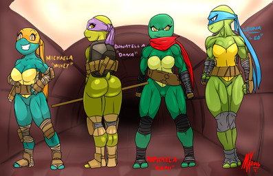 anthro crossgender female group ninja standing warrior monkeyxflash teenage_mutant_ninja_turtles donatello_(tmnt) leonardo_(tmnt) michelangelo_(tmnt) raphael_(tmnt) reptile scalie turtle