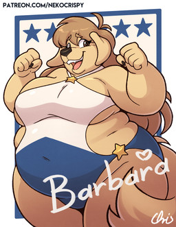 5_fingers abstract_background ahoge anthro belly belly_overhang belly_rolls big_belly big_breasts black_fingernails black_nails black_nose blue_one-piece_swimsuit breasts brown_eyes brown_hair clothed clothing colored_nails double_chin eye_through_hair eyebrow_through_hair eyebrows eyelashes female fingernails fingers floppy_ears fur hair happy humanoid_hands long_hair looking_at_viewer nails navel_outline obese obese_anthro obese_female one-piece_swimsuit open_mouth open_smile overweight overweight_anthro overweight_female pink_tongue pupils skimpy smile snout solo standing swimwear tail tan_body tan_fur teeth text thick_thighs three-quarter_view tongue translucent translucent_hair two_tone_one-piece_swimsuit under_boob white_one-piece_swimsuit wide_hips nekocrispy paww:_feline_fatale barbara_biscuit bird_dog canid canine canis domestic_dog golden_retriever hunting_dog mammal retriever 2026 cel_shading character_name digital_media_(artwork) hi_res official_art portrait shaded signature three-quarter_portrait url