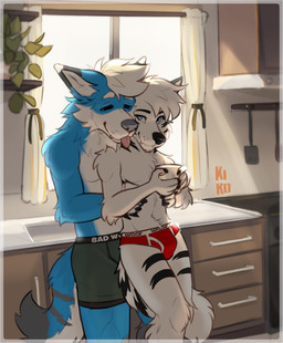 anthro appliance blue_body blue_fur boxer_briefs boxer_briefs_only briefs briefs_only bulge clothed clothing container cup curtains_open duo eyes_closed fur fur_markings green_boxer_briefs green_clothing green_underwear hug hugging_another hugging_from_behind kitchen kitchen_appliance kitchen_counter kitchen_utensils male male/male markings mug navel plant red_briefs red_clothing red_underwear slim small_waist smile smiling_at_another smiling_at_partner tongue tongue_out tools topless underwear underwear_only white_body white_fur window fenneckiro malachi_wolf canid canine canis domestic_dog husky hybrid mammal nordic_sled_dog spitz wolf hi_res