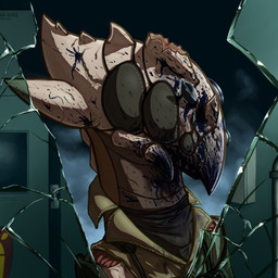 battle_damage blood blood_on_face blue_blood bodily_fluids broken_horn broken_mirror clothing colored_blood cosplay crossover_cosplay eye_patch eyewear facial_scar feral horn inside male mandibles mirror multi_eye reflection scar smoke solo tactical_gear unusual_blood unusual_bodily_fluids badday_(artist) metal_gear_solid_v out-of-placers kalgkur baxxid 1:1 crossover
