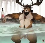 alcohol anthro barazoku beard beverage black_hair body_hair chest_hair clothed clothing duo facial_hair hair happy_trail horn looking_at_viewer male muscular muscular_male navel nipples pecs stomach_hair topless underwear water vetrowolf deer mammal 2018 absurd_res hi_res