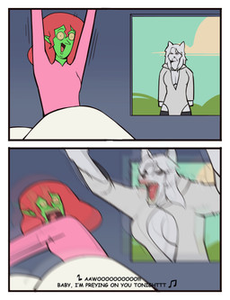 angry anthro breasts cleavage clothed clothing duo female frown fur green_body green_skin hair humanoid_pointy_ears imminent_murder long_hair magic_user motion_blur motion_lines open_mouth pointy_ears scared sharp_teeth teeth text through_window white_body white_fur white_hair witch bonnymama7 instant_loss_2koma maroon_5 elphaba_(bonnymama7) liria_the_werewolf_saint canid canine canis humanoid mammal wolf absurd_res comic english_text hi_res