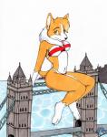 3_toes anthro barefoot bikini biped bridge building city claws clothing england english_flag feet female fur green_eyes looking_at_viewer macro mane sitting sky solo swimwear toes tongue tower_bridge two-piece_swimsuit tierafoxglove canid canine canis domestic_dog herding_dog mammal pastoral_dog welsh_corgi