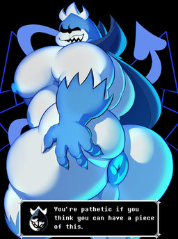 anus big_butt big_muscles big_pecs blue_anus butt cape clothing grin huge_butt looking_back male muscular nipples overweight overweight_male pecs presenting presenting_hindquarters puffy_anus rear_view simple_background smile solo speech_bubble spread_butt spreading taunting text three-quarter_view bigbchevalier deltarune undertale_(series) king_spade darkner humanoid 2025 absurd_res digital_drawing_(artwork) digital_media_(artwork) english_text hi_res