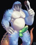 absurd_res balls belly biceps black_background bodily_fluids brahms_(dudeogama) capcom dodogama erection fanged_wyvern genital_fluids genitals greninjazz hi_res knot male monster_hunter musclegut muscular muscular_male precum scalie simple_background solo standing tail tongs tools