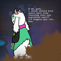 ambiguous_gender anthro cauldron clothing desperation dialogue eyewear fart fart_fetish forced_smile fur glasses green_clothing green_eyewear green_glasses green_robe horn magical_mishap pink_horn pink_scarf robe rumbling_stomach scared scarf shaking solo white_body white_fur soundtechrapture deltarune undertale_(series) ralsei bovid caprine darkner goat mammal 1:1 low_res