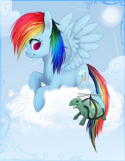 ambiguous_gender blue_body blue_feathers blue_fur cloud cutie_mark duo feathered_wings feathers female feral flying fur hair multicolored_hair multicolored_tail outside purple_eyes rainbow_hair rainbow_tail sky skyscape smile sun tail wings imalou friendship_is_magic hasbro my_little_pony mythology rainbow_dash_(mlp) tank_(mlp) equid equine mammal mythological_creature mythological_equine pegasus 2012