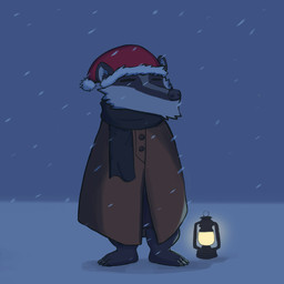 3_toes anthro black_body black_clothing black_ears black_feet black_fur black_inner_ear_fluff black_legs black_nose brown_clothing brown_coat brown_topwear button_(fastener) christmas_clothing christmas_headwear claws clothed clothing coat eyes_closed feet front_view fur grey_body grey_fur grey_inner_ear grey_sky hat headgear headwear holidays inner_ear_fluff lamp lantern light male mouthless night santa_hat scarf shadow sky snow snowing solo standing toe_claws toes topwear tuft white_body white_fur wannabe_pendragon christmas badger mammal mustelid musteline 1:1 2021 digital_media_(artwork) hi_res shaded