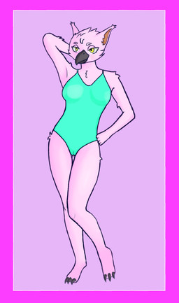 anthro beak border breasts camel_toe chest_tuft claws clothed clothing feet female front_view nude_anthro one-piece_swimsuit pink_body pink_border small_waist solo standing swimwear thigh_gap tuft yellow_eyes basaltara kayleigh_(basaltara) avian felid feline hybrid mammal
