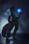 anthro biped black_body black_fur blue_eyes blue_markings claws clothed clothing dog_tags energy_ball fur male markings paws pose side_view solo standing text itswolven kili_(stolenmadwolf) canid canine fox mammal 2017 absurd_res english_text full-length_portrait hi_res portrait signature