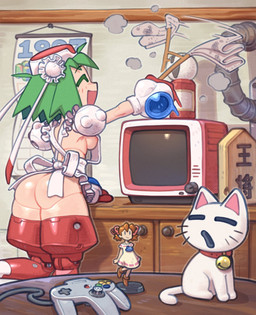 ^_^ ambiguous_feral ambiguous_gender apron bell bell_collar black_whiskers blush blush_lines breasts butt calendar cleaning cleaning_tool clothing collar controller detailed_background duo dust_cloud electronics eyes_closed female female_humanoid feral figurine fur furniture game_controller glistening glistening_butt glistening_thighs green_eyes green_hair hair happy holding_object light_body light_breasts light_butt light_skin machine medium_breasts nintendo_64_controller nipples open_mouth open_smile pink_blush pink_inner_ear pink_nipples red_collar robotic_legs round_table side_boob smile table tail television text whiskers white_apron white_body white_clothing white_ears white_fur white_tail wired_controller darkbotart mischief_makers nintendo nintendo_64 wonder_project_j2 cat_clancer josette_(wonder_project_j2) marina_liteyears_(character) clancer domestic_cat felid feline felis humanoid mammal robot robot_humanoid 2023 digital_media_(artwork) hi_res japanese_text shaded