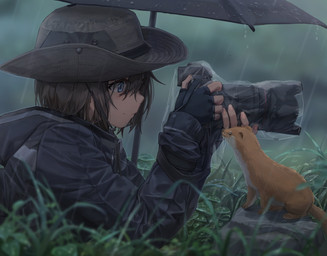 ambiguous_gender blue_eyes brown_body brown_fur camera clothed clothing duo female feral fur grass hat headgear headwear looking_at_another photographer plant quadruped raining rock smile umbrella white_body white_fur free_style canon_(company) human mammal mustelid musteline true_musteline weasel hi_res