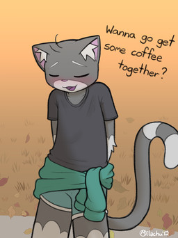 anthro blush clothing dialogue eyes_closed jacket jacket_around_waist male outside raised_tail tail topwear milachu92 buttons_(milachu92) domestic_cat felid feline felis mammal hi_res