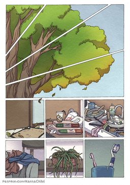 bowl box brush clothing container cup discarded_clothing furniture leaf pizza_box plant plant_pot plate potted_plant sink sofa takeout_box text toothbrush tree water zero_pictured kantachibli comic hi_res url