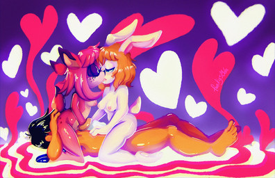 anthro bisexual black_hair blonde_hair breasts cunnilingus danni_the_rabbit dipstick_ears dipstick_tail ear_markings facesitting female female/female group group_sex hair heart_symbol kissing male male/female male_human markings multicolored_ears oral pink_body pink_hair sex sitting_on_another tail tail_markings threesome trio vaginal white_body funkys0da pocky_the_deer deer human humanoid lagomorph leporid mammal rabbit