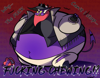 blueberry_inflation chewing dialogue inflation male purple_body purple_skin solo foxymoxxie hellaverse helluva_boss striker_(helluva_boss) imp absurd_res hi_res