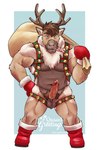 anthro antlers balls bell bell_harness biceps bodily_fluids boots brown_hair candy candy_cane clothing dessert dripping erection facial_hair food footwear genital_fluids genitals gloves hair handwear harness holidays horn humanoid_genitalia humanoid_penis jingle_bell jingle_bell_harness legwear looking_at_viewer male manly muscular muscular_anthro muscular_male muscular_thighs navel nipples nude pecs penis precum precum_drip pubes sack shoes sideburns solo speech_bubble standing stockings text triceps vein veiny_penis gabshiba zurdomon christmas deer mammal new_world_deer reindeer hi_res