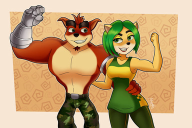 bottomwear camo camo_bottomwear camo_clothing camo_pants camo_print clothing duo female green_hair hair male pants pattern_bottomwear pattern_clothing pattern_pants prosthetic magaska19 activision crash_bandicoot_(series) crash_team_racing_(series) crash_team_racing_nitro-fueled ami_bandicoot crunch_bandicoot bandicoot mammal marsupial 3:2 hi_res