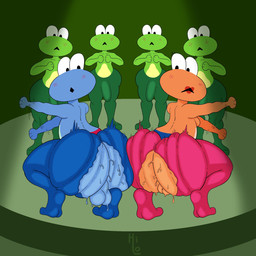 anthro ass_to_ass balls big_butt black_eyes blue_body blue_bottomwear blue_clothing blue_pants blue_skin blush blush_lines bodily_fluids bottomwear butt clothing crouching eyelashes female genitals green_body green_skin group huge_butt lipstick makeup male motion_lines multicolored_body multicolored_bottomwear multicolored_clothing multicolored_skin orange_body orange_skin pants rear_view red_bottomwear red_clothing red_lipstick red_pants standing surprised sweat thick_thighs torn_bottomwear torn_clothing torn_pants two_tone_body two_tone_bottomwear two_tone_clothing two_tone_pants two_tone_skin vulva wardrobe_malfunction itsme_hilo nintendo rhythm_heaven bandleader_(rhythm_heaven) frogette_(rhythm_heaven) amphibian frog 1:1 2025 digital_media_(artwork) hi_res signature