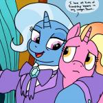 clothed clothing duo female feral horn hug looking_at_another text ponyquarantine friendship_is_magic hasbro my_little_pony mythology luster_dawn_(mlp) trixie_(mlp) equid equine mammal mythological_creature mythological_equine unicorn 1:1 2019 english_text hi_res