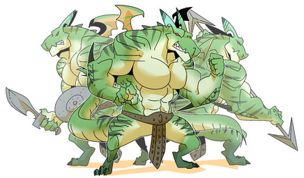 3_toes 5_fingers abs anthro belt biceps big_muscles black_claws bottomwear claws clenched_teeth clothed clothing empty_eyes feet fighting_pose fingers front_view frown green_body green_claws green_markings green_scales group holding_melee_weapon holding_object holding_sword holding_weapon huge_muscles loincloth long_tail male markings melee_weapon membrane_(anatomy) membranous_wings metal multicolored_body multicolored_scales muscular muscular_arms muscular_male pecs polearm pose red_eyes scales serratus sharp_teeth shield simple_background snout spear striped_body stripes sword tail teeth thick_tail toes toony topless two_tone_body two_tone_scales warrior weapon white_background wings yellow_body yellow_scales happyending bravely_default bravely_second mythology silicon_studio dragon mythological_creature mythological_scalie scalie 2016 colored digital_media_(artwork) shaded
