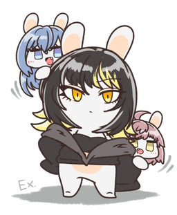 alternate_species anthro bangs black_clothing black_crop_top black_eyebrows black_hair black_jacket black_shirt black_topwear blonde_highlights blue_eyes blue_hair blush blush_lines bottomless bottomless_anthro bottomless_female clothed clothed_anthro clothed_female clothing crop_top eye_through_hair eyebrows fangs featureless_arms featureless_crotch featureless_feet feet female female_anthro fur furrification group hair hiding_behind_another highlights_(coloring) jacket larger_anthro larger_female lidded_eyes light long_ears looking_at_viewer medium_hair mouth_closed multicolored_body no_pupils noseless number open_mouth pink_hair pink_mouth pink_tongue rabbidification shirt simple_background size_difference sleeves_past_fingers smaller_anthro smaller_female standing tan_body tan_eyelids tan_inner_ear tan_skin teeth thin_eyebrows tongue topwear translucent translucent_hair trio two_tone_body white_background white_body white_fur yellow_eyes charisuke cygames idolmaster idolmaster_cinderella_girls idolmaster_shiny_colors raving_rabbids rayman_(series) the_idolmaster_shiny_colors_song_for_prism ubisoft hana_suzuki haruki_ikuta luca_ikaruga lagomorph mammal rabbid 2024 absurd_res colored crossover digital_drawing_(artwork) digital_media_(artwork) hi_res japanese_description lighting shaded simple_shading