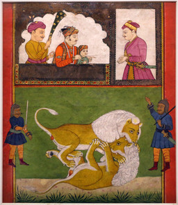 arm_bite backsack balls biped bite biting_another biting_head claws clothed clothed_human clothed_male clothing facial_hair fangs feral fight finger_claws flower gem genitals group headgear headwear holding_object indian_clothing jewelry leaf lying lying_on_ground male male_feral male_human mane melee_weapon mustache necklace on_back on_ground pearl_(gem) pearl_necklace plant quadruped religious_clothing religious_headwear scabbard side_view sword tail tail_tuft teeth toe_claws tuft turban weapon yellow_body unknown_artist felid human lion mammal pantherine 19th_century absurd_res ancient_art hi_res painting_(artwork) traditional_media_(artwork) traditional_painting_(artwork)