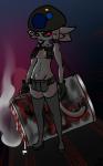 :3 ambiguous_fluids anthro belt black_sclera breasts clothed clothing female gloves handwear hat headgear headwear heart_eyes heart_symbol looking_at_viewer profanity ranged_weapon red_eyes skimpy solo tactical_belt weapon toot e621 kill_la_kill studio_trigger nonon_jakuzure poly_(toot) felid hybrid imp mammal 5:8 hi_res