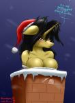 anthro big_breasts black_hair blush breasts brown_eyes chimney christmas_clothing christmas_headwear cleavage clothed clothing dialogue female hair hat headgear headwear holidays horn in_chimney outside pom_hat santa_hat snow snowing solo stuck stuck_in_chimney text winter_hat tacticalfur christmas hasbro my_little_pony mythology amber_steel equid equine mammal mythological_creature mythological_equine unicorn 2014 english_text hi_res