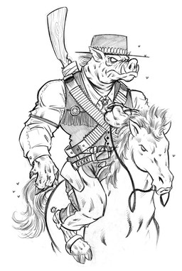 anthro bandolier bridle clothing cowboy cowboy_hat duo feral gun hat headgear headwear male rains ranged_weapon reins riding spurs straddling tail teeth weapon residentlilly duke_nukem_(series) ambient_arthropod ambient_fly ambient_insect arthropod equid equine fly_(animal) horse insect mammal pig_cop_(duke_nukem) suid suine sus_(pig) wild_boar 2008 black_and_white monochrome sketch
