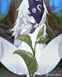 anthro biped blue_eyes blush breasts female fur kemono looking_at_viewer outside plant shush solo spread_legs spreading tree white_body white_fur sollyz league_of_legends riot_games tencent kindred_(lol) lamb_(lol) bovid caprine mammal sheep 2023 animated short_playtime