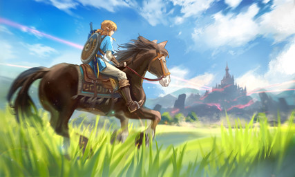 ambiguous_gender blonde_hair boots bridle brown_body castle clothing cloud day detailed_background duo feral footwear grass hair harness humanoid_pointy_ears male melee_weapon outside plant pointy_ears reins riding saddle shield shoes sword weapon achyue breath_of_the_wild nintendo the_legend_of_zelda link equid equine horse humanoid hylian mammal 2018 5:3