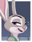 anthro blush clothed clothing eyebrows female fur grey_body grey_fur long_ears looking_at_viewer open_mouth purple_eyes solo teeth text tongue amadose disney zootopia judy_hopps lagomorph leporid mammal rabbit 2024 bust_portrait half-length_portrait hi_res portrait url